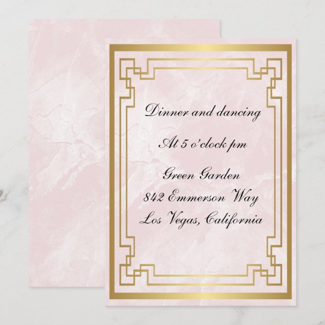 Gold Geometric Frame Pink Marble Wedding Reception Invitation (Front/Back)