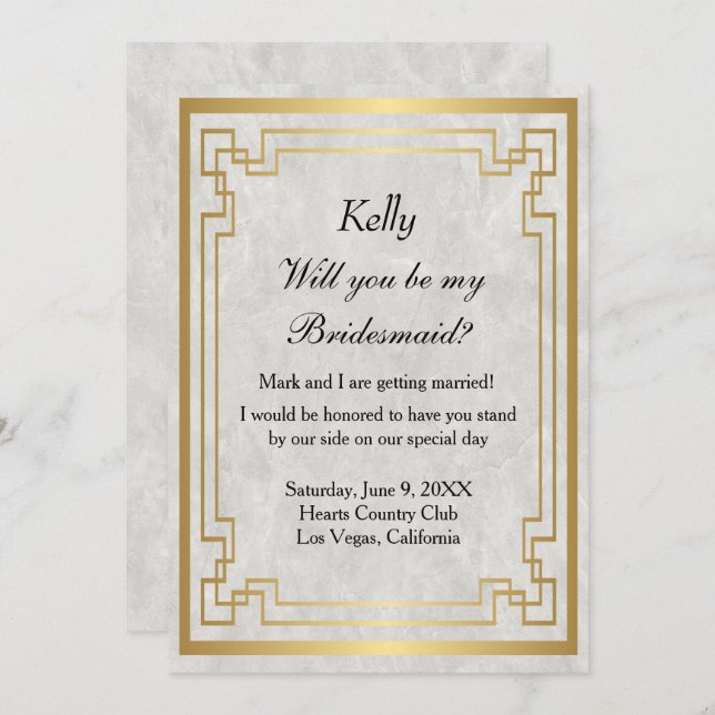 Gold Geometric Frame White Marble Bridesmaid Invitation (Front/Back)