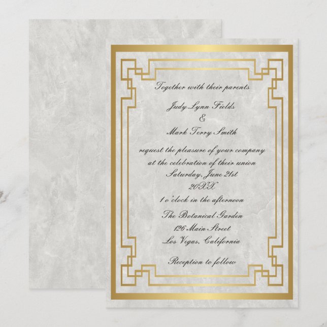 Gold Geometric Frame White Marble Wedding Invitation (Front/Back)