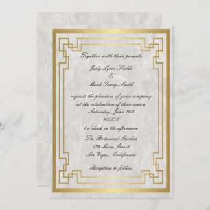Gold Geometric Frame White Marble Wedding Invitation
