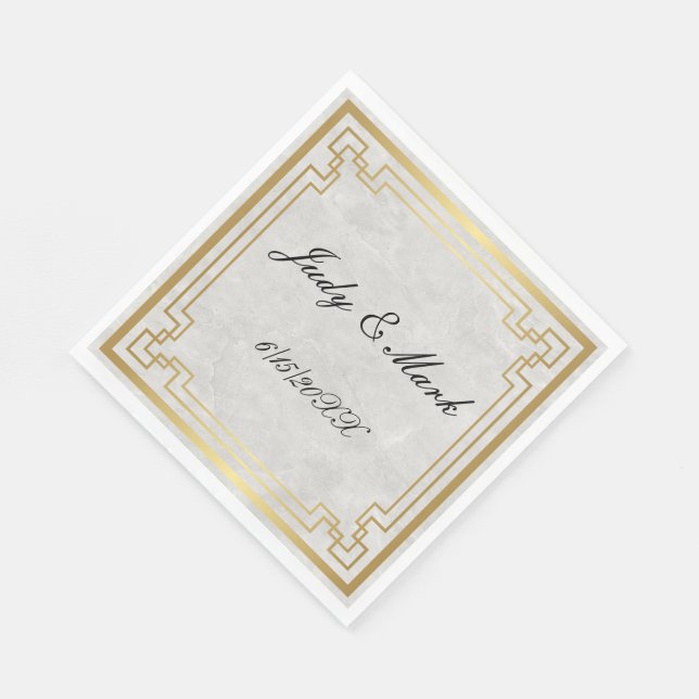 Gold Geometric Frame White Marble Wedding Paper Napkin (Corner)
