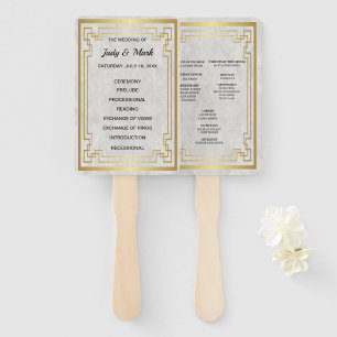 Gold Geometric Frame White Marble Wedding Program Hand Fan