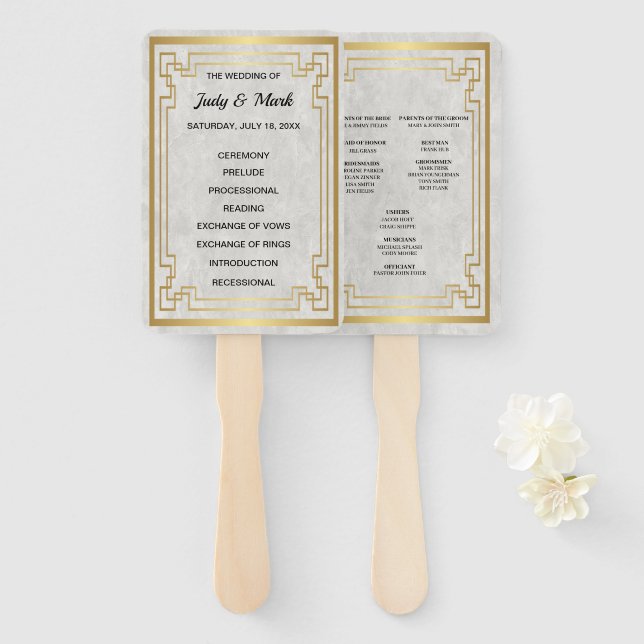 Gold Geometric Frame White Marble Wedding Program Hand Fan (Front and Back)