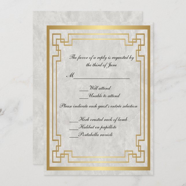Gold Geometric Frame White Marble Wedding RSVP Invitation (Front/Back)