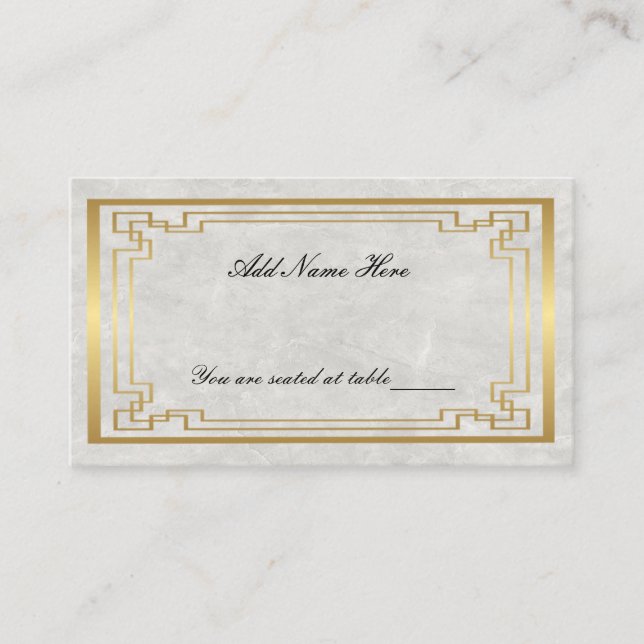 Gold Geometric Frame White Marble Wedding Table Place Card (Front)