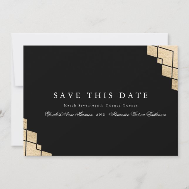 Gold Geometric Gatsby Calligraphy Photo Save The Date (Front)