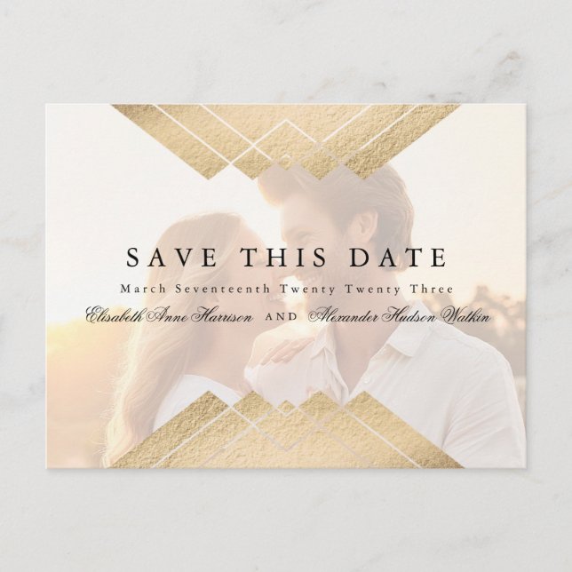 Gold Geometric Gatsby Save The Date overlay  Photo Announcement Postcard (Front)