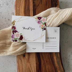 Gold Geometric Green Burgundy Floral Thank You Postcard