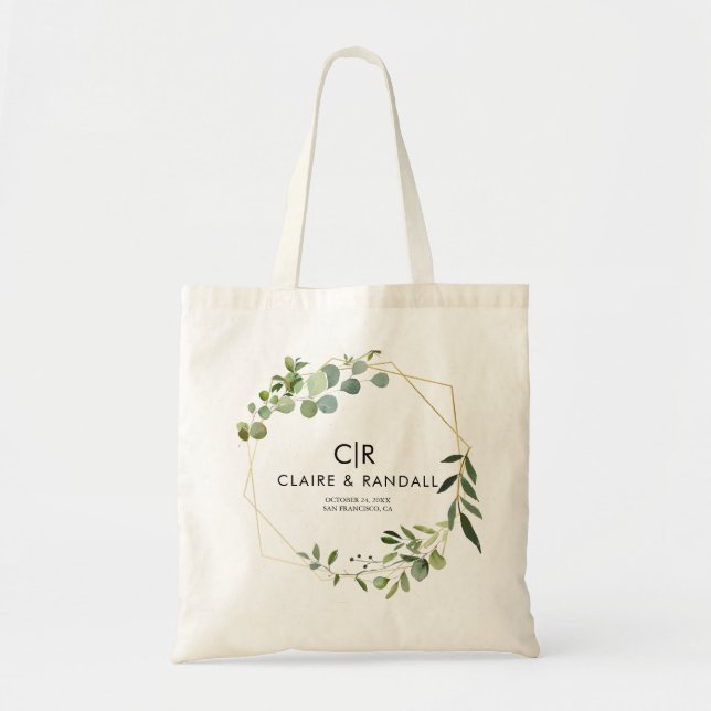 Gold Geometric Green Eucalyptus Bridesmaid  Tote Bag (Front)
