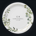 Gold Geometric Green Eucalyptus Wedding Paper Plate<br><div class="desc">This gold geometric green eucalyptus wedding paper plate is perfect for an elegant wedding reception. The design features a beautiful gold geometric frame adorning elegant watercolor green eucalyptus leaves.</div>