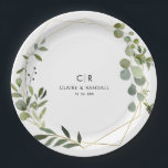 Gold Geometric Green Eucalyptus Wedding Paper Plate<br><div class="desc">This gold geometric green eucalyptus wedding paper plate is perfect for an elegant wedding reception. The design features a beautiful gold geometric frame adorning elegant watercolor green eucalyptus leaves.</div>