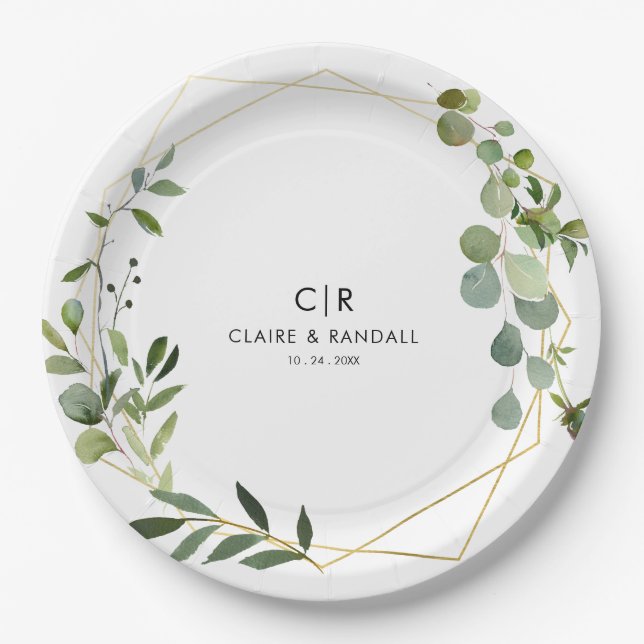 Gold Geometric Green Eucalyptus Wedding Paper Plate (Front)