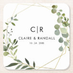 Gold Geometric Green Eucalyptus Wedding  Square Paper Coaster<br><div class="desc">This gold geometric green eucalyptus wedding square paper coaster is perfect for a simple wedding reception. The design features a beautiful gold geometric frame adorning elegant watercolor green eucalyptus leaves.</div>