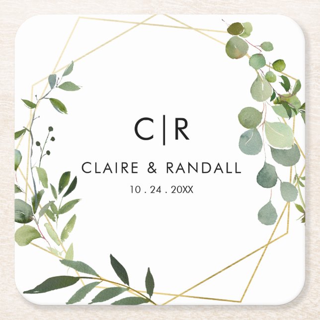 Gold Geometric Green Eucalyptus Wedding  Square Paper Coaster (Front)
