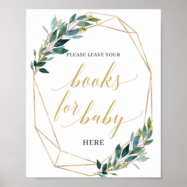 Gold geometric green leaves books for baby sign (Front)