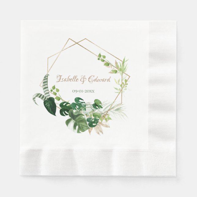 Gold Geometric Green Tropical Palm Leaves Wedding  Napkin (Front)