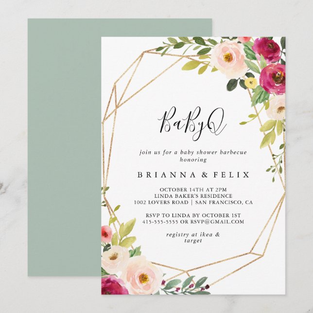 Gold Geometric Greenery BabyQ Baby Shower Barbecue Invitation (Front/Back)