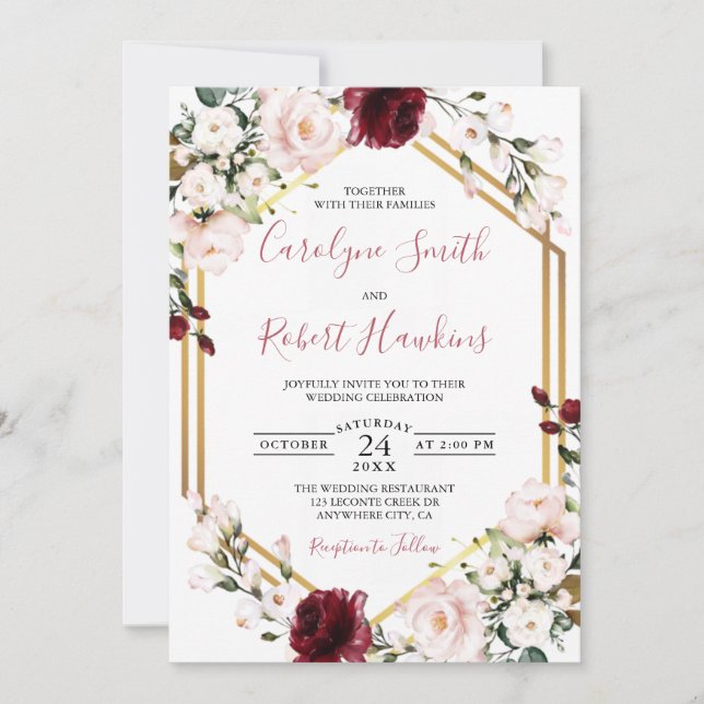 Gold Geometric Greenery Burgundy Wedding Invitation (Front)