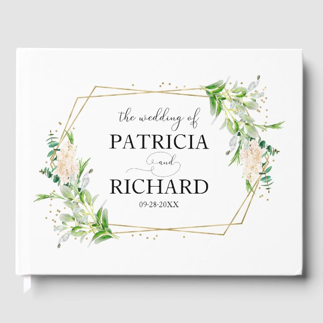 Gold Geometric Greenery Elegant Wedding Guest Book (Front)