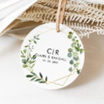 Gold Geometric Greenery Eucalyptus  Wedding  Classic Round Sticker<br><div class="desc">This gold geometric greenery eucalyptus wedding classic round sticker is perfect for a simple wedding reception. The design features a beautiful gold geometric frame adorning elegant watercolor green eucalyptus leaves.</div>