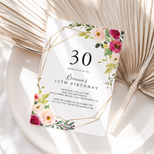 Gold Geometric Greenery Floral 30th Birthday Party Invitation