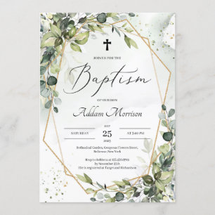 Gold geometric greenery foliage leaves baptism invitation