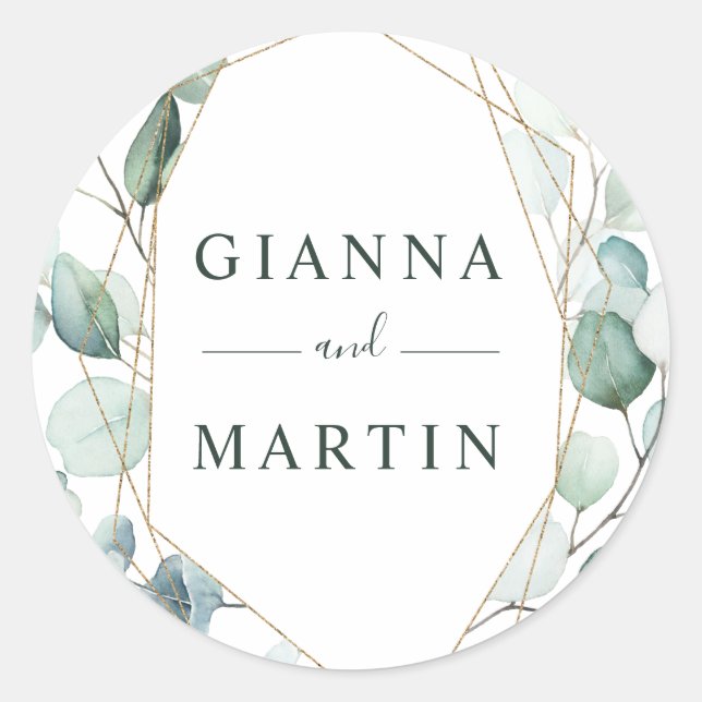 Gold Geometric Greenery Foliage Wedding Classic Round Sticker (Front)