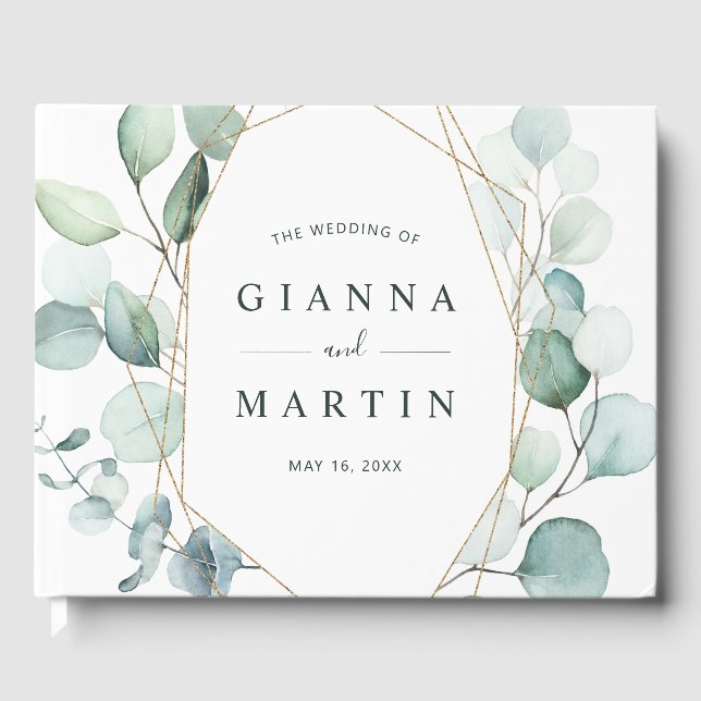Gold Geometric Greenery Foliage Wedding Guest Book (Front)