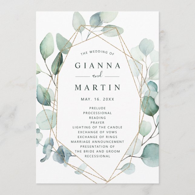 Gold Geometric Greenery Foliage Wedding Programme (Front)