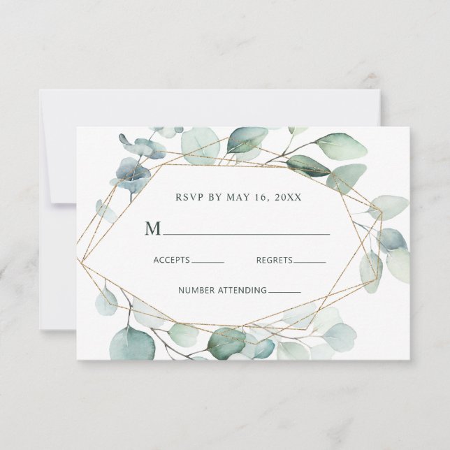 Gold Geometric Greenery Foliage Wedding RSVP Card (Front)