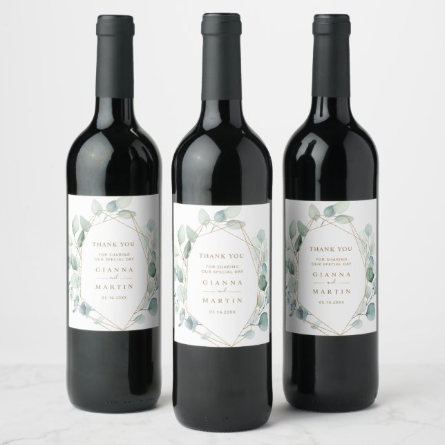 Gold Geometric Greenery Foliage Wedding Wine Label (Bottles)