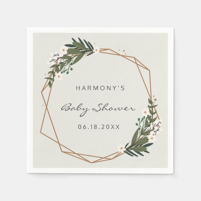 Gold Geometric Greenery Gender Neutral Baby Shower Napkin (Front)