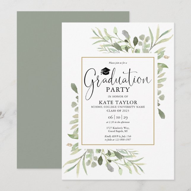 Gold Geometric Greenery Graduation Party Invitation (Front/Back)
