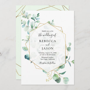 Gold Geometric Greenery Leaves Wedding Invitation