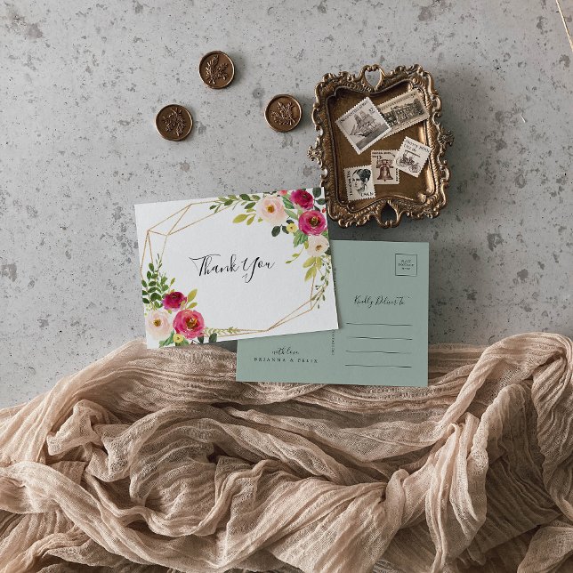 Gold Geometric Greenery Pink Blush Thank You Postcard (Creator Uploaded)