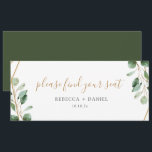 Gold Geometric Greenery Table Seating Header Card<br><div class="desc">Designed to coordinate with our Moody Greenery wedding collection, this customisable Table Seating Header Card features watercolor sage green eucalyptus leaves accented with a gold geometric frame and paired with a stylish script in gold and classy serif font in grey. To make advanced changes, go to "Click to customise further"...</div>