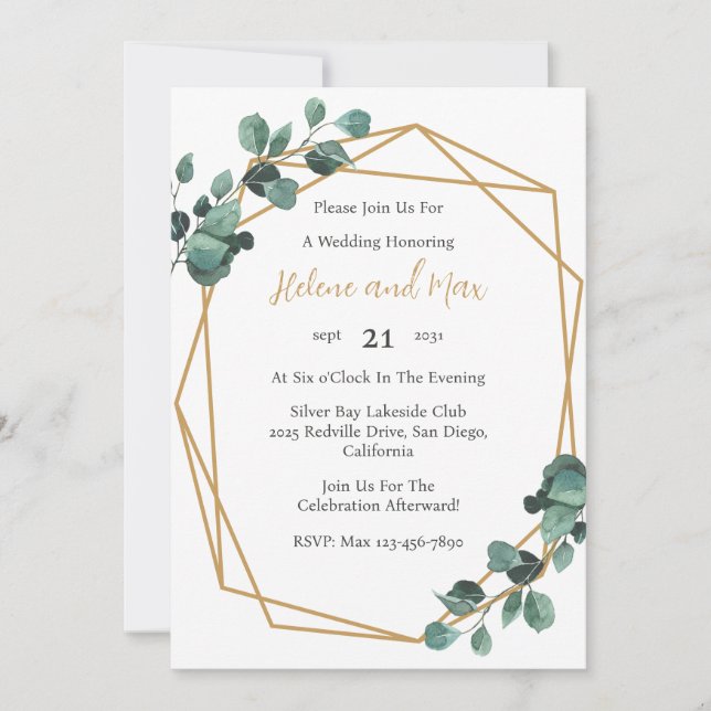Gold Geometric Greenery Wedding Invitation (Front)