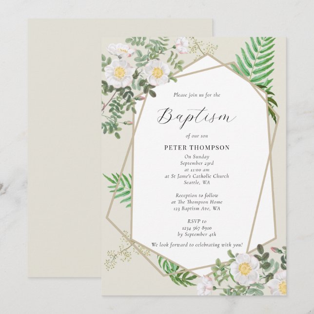 Gold Geometric Greenery White Roses Baptism Invitation (Front/Back)