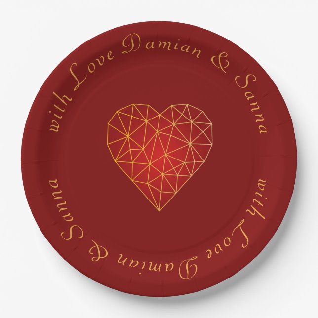 Gold Geometric heart love Paper Plate (Front)