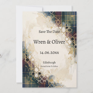 Gold Geometric Lattice Tartan Save The Date Card