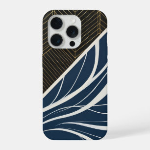 Gold Geometric Lines Navy Wave Pattern Modern iPhone 15 Pro Case