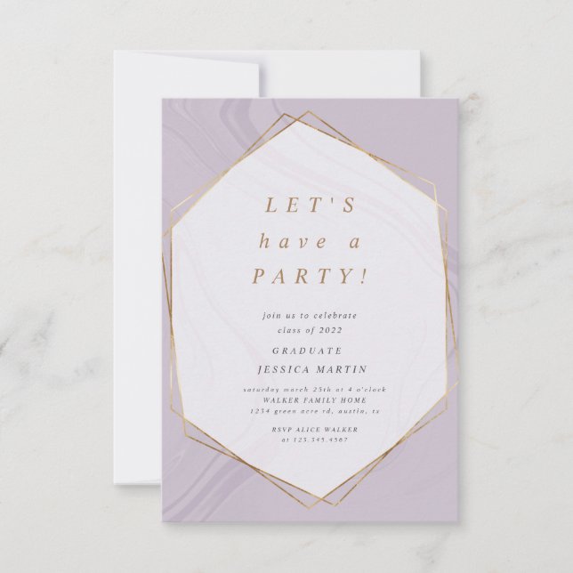 gold geometric marble photo graduation party invitation (Front)