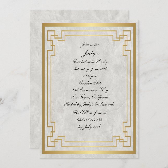 Gold Geometric Marble Wedding Bachelorette Party Invitation (Front/Back)