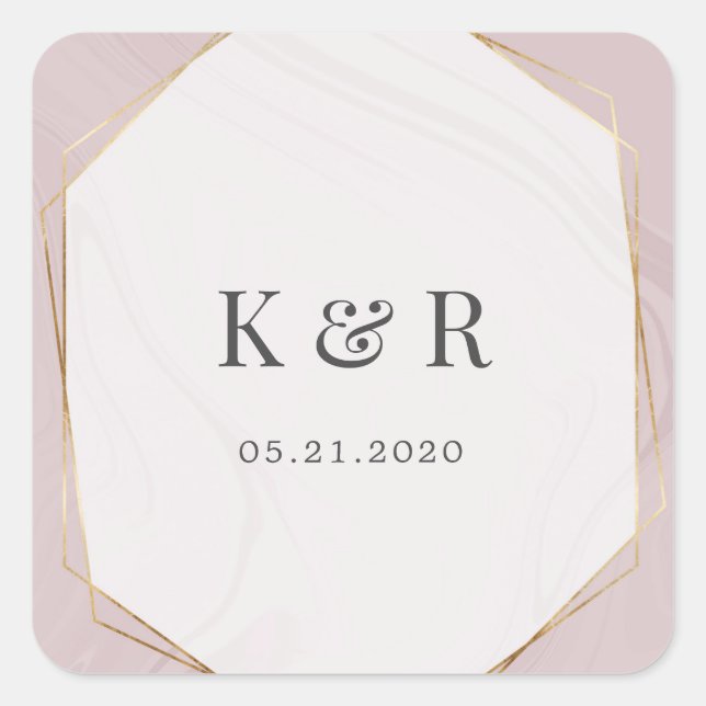 gold geometric marble wedding monogram square sticker (Front)