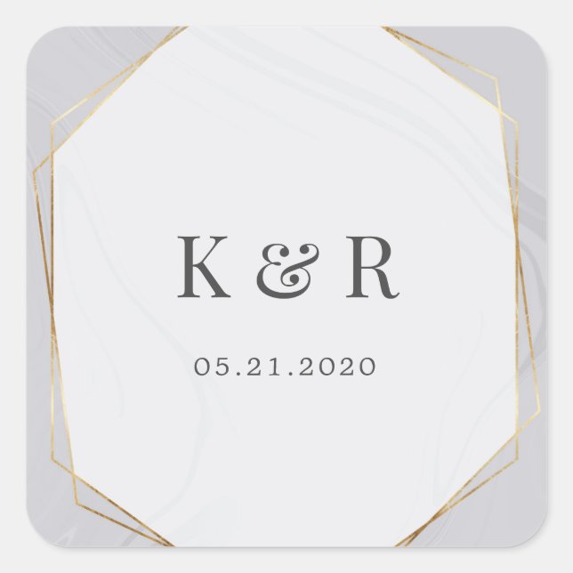 gold geometric marble wedding monogram square sticker (Front)