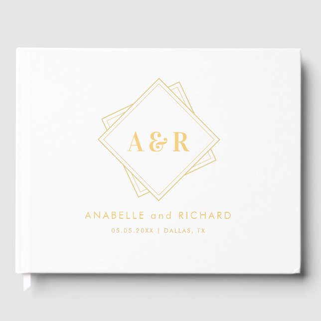 Gold Geometric Monogram Minimalist White Wedding Guest Book (Front)