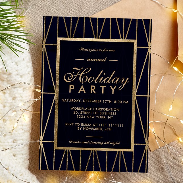 Gold geometric navy blue winter corporate holiday invitation (Gold geometric navy blue winter corporate holiday invitation)