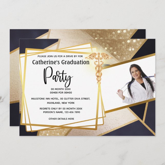 Gold geometric navy DIY photo caduceus graduation Invitation (Front/Back)
