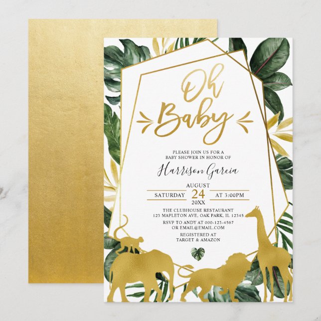 Gold Geometric Oh Baby Jungle Animals Baby Shower Invitation (Front/Back)