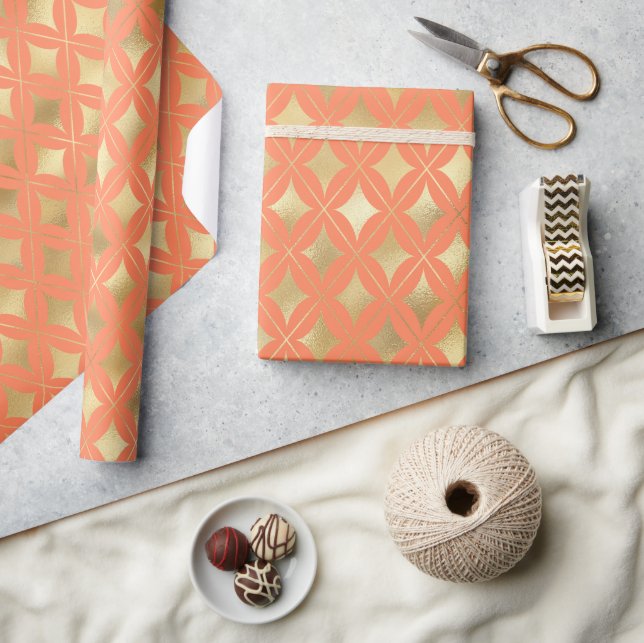 Gold Geometric Pattern Custom Peach Background Wrapping Paper (Crafts)